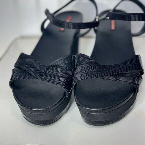 Prada Sport Black Wedge Sandals 40.5 Strappy Platform Hook & Loop Designer Shoes - Picture 4 of 11